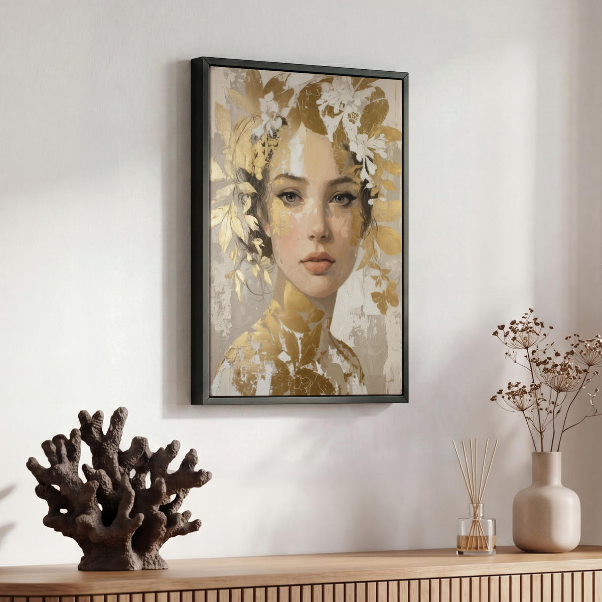 LEINWAND Bilder mit Rahmen - Gesicht - Frau - Blätter - Gold - 30x40 - Beige, Textil (30/40cm) - MuchoWow