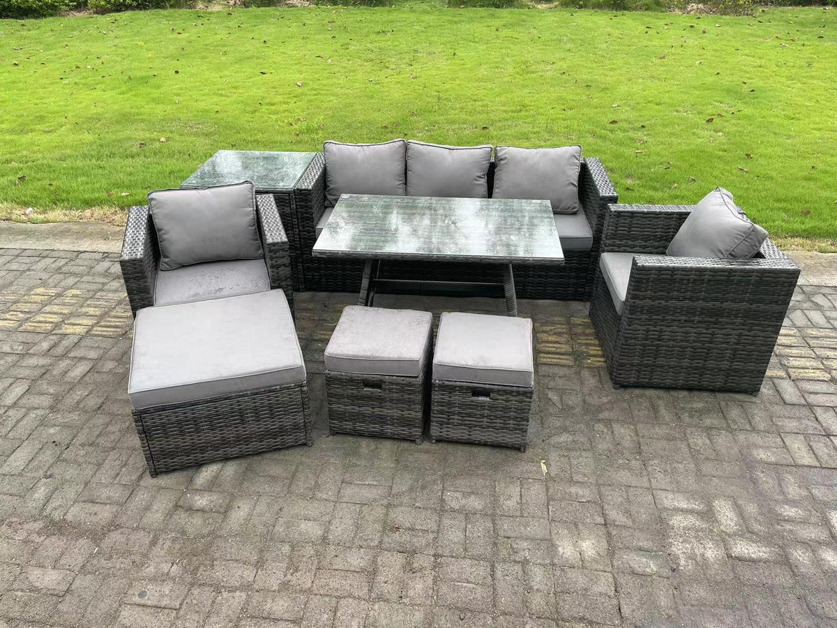 GARTENMÖBELSET mit Esstisch Hocker 8-Sitzer Grau - Dunkelgrau/Grau, Glas/Kunststoff - Fimous