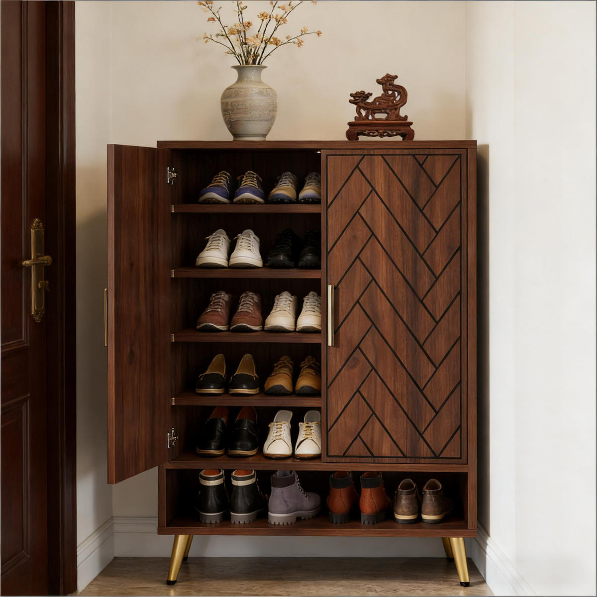 SCHUHSCHRANK mit 7 Ebenen, Chevron-Muster, Nussbaumoptik - Walnussfarben, Holzwerkstoff (75/110/35cm) - Urban Meuble