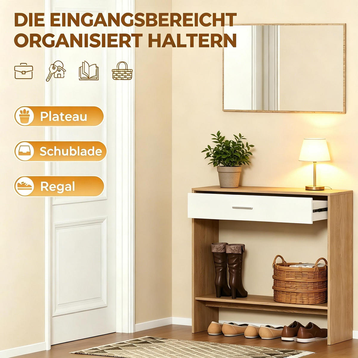 KONSOLENTISCH-SET DE-37254 mit Schublade, Regal und Spiegel Eiche/Weiß - Naturfarben, Holzwerkstoff (91.5/27.9/85cm) - ComfortXL