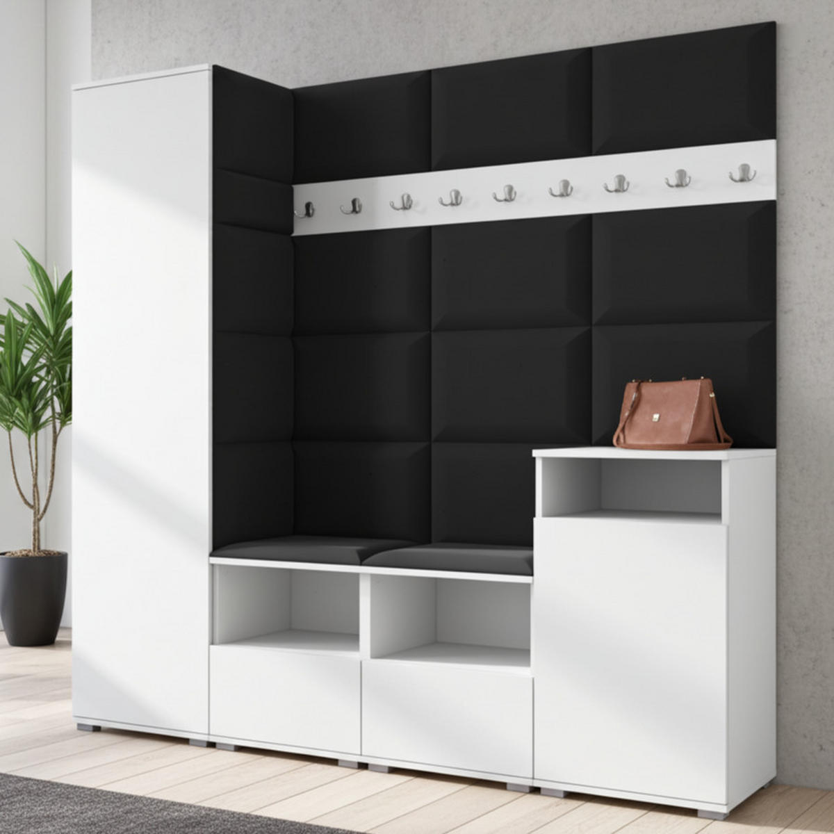 GARDEROBE NELA X 200 cm (Modulare Flurmöbel Weiß mit Sitzpolster Schwarz 16 Schrank + Sideboard) - Silberfarben/Schwarz, Holz/Holzwerkstoff (200/187/40cm) - Ravio
