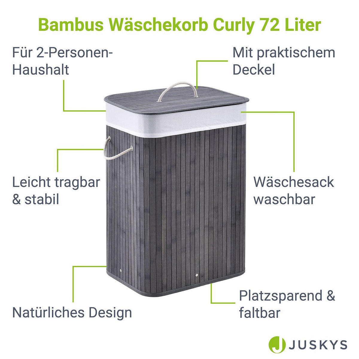 WÄSCHEKORB Curly 72 L grau - Grau, Holz (40/60/30cm) - Juskys