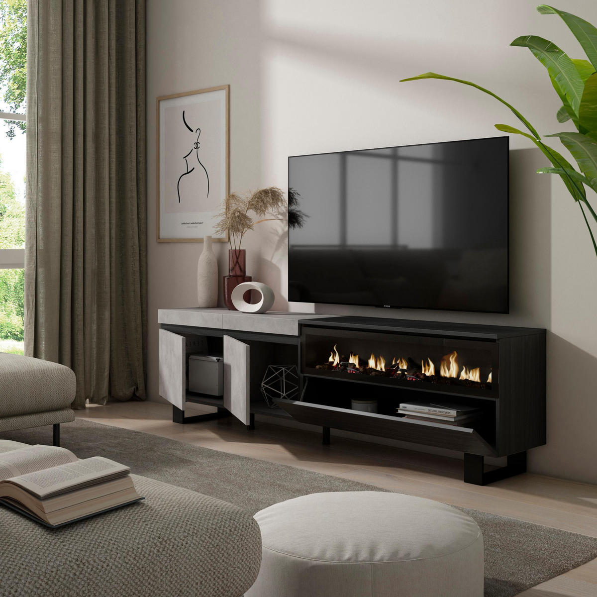 LOWBOARD, Elektrokamin, zementgrau, 200/35/57cm - Hellgrau, Holzwerkstoff (200/57/35cm) - Skraut Home