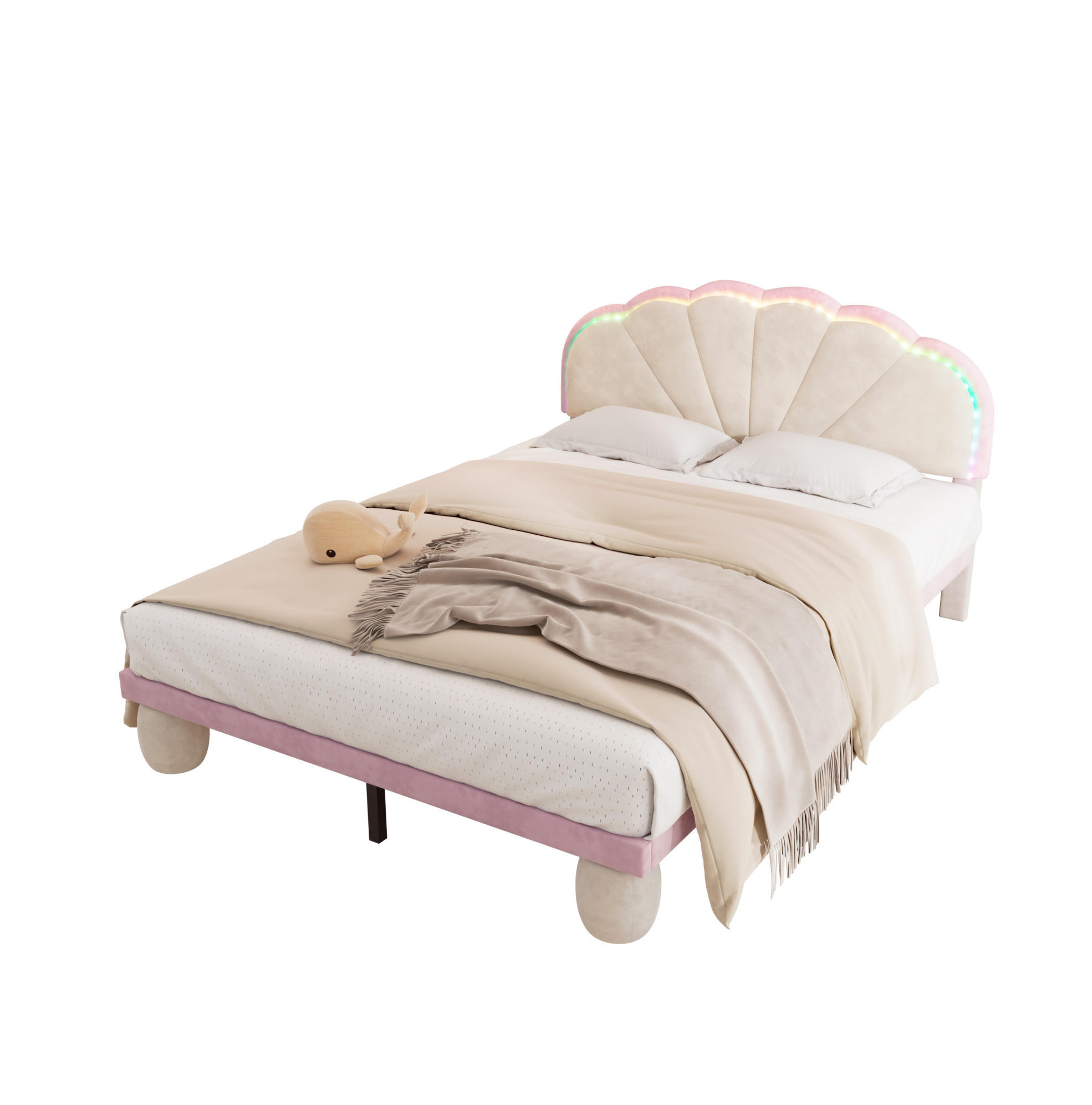 SAMT-POLSTERBETT 140/200 cm mit LED-Beleuchtung und gepolstertem Kopfteil - Beige, Textil (140/200cm) - BEAOK