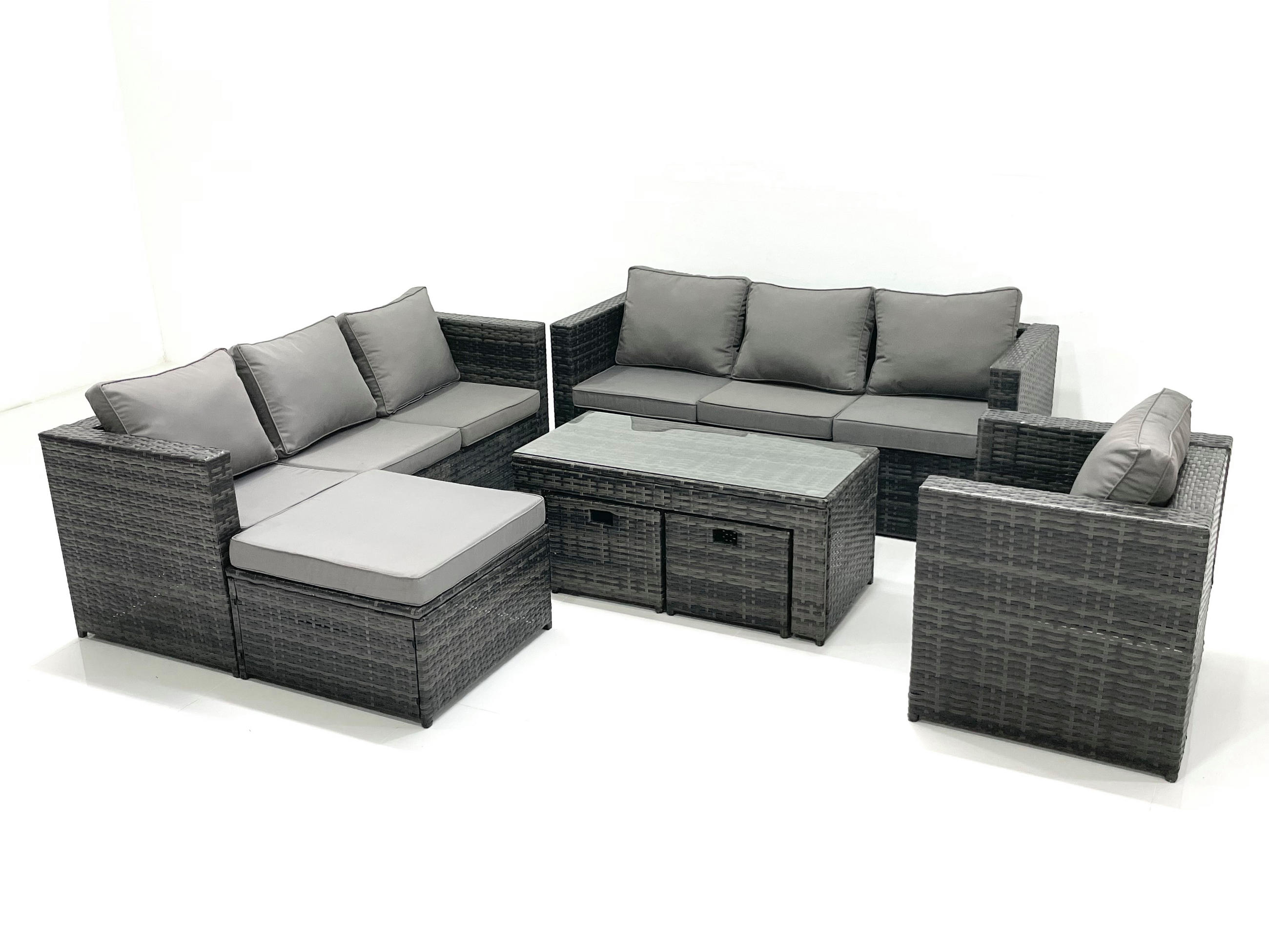 GARTENMÖBEL-SET COUCHTISCH SESSEL SOFA mit HOCKER Polyrattan Dunkelgrau Gemischt 10-Sitzer - Dunkelgrau/Grau, Glas/Kunststoff - Fimous