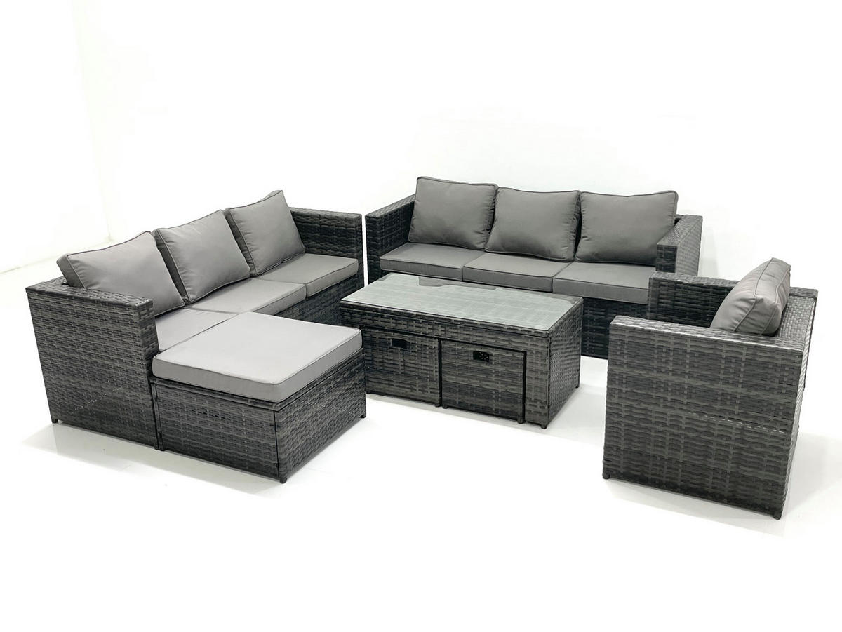 GARTENMÖBEL-SET COUCHTISCH SESSEL SOFA mit HOCKER Polyrattan Dunkelgrau Gemischt 10-Sitzer - Dunkelgrau/Grau, Glas/Kunststoff - Fimous