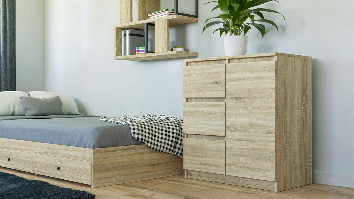 KOMMODE 1D3S SCHRANK 1 TÜR 3 SCHUBLADEN EICHE SONOMA - Sonoma Eiche, Holzwerkstoff (80/75/40cm) - CDF