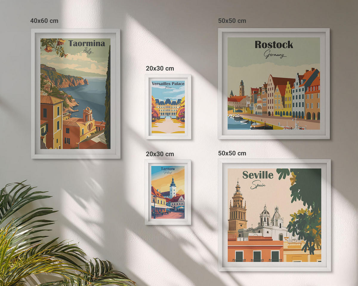 BILDER SET 5er Set - 50x50 cm & 20x30 cm & 40x60 cm Weißer Rahmen - Retro-Stadtgrafiken - Weiß, Kunststoff (40/60cm) - TULUP