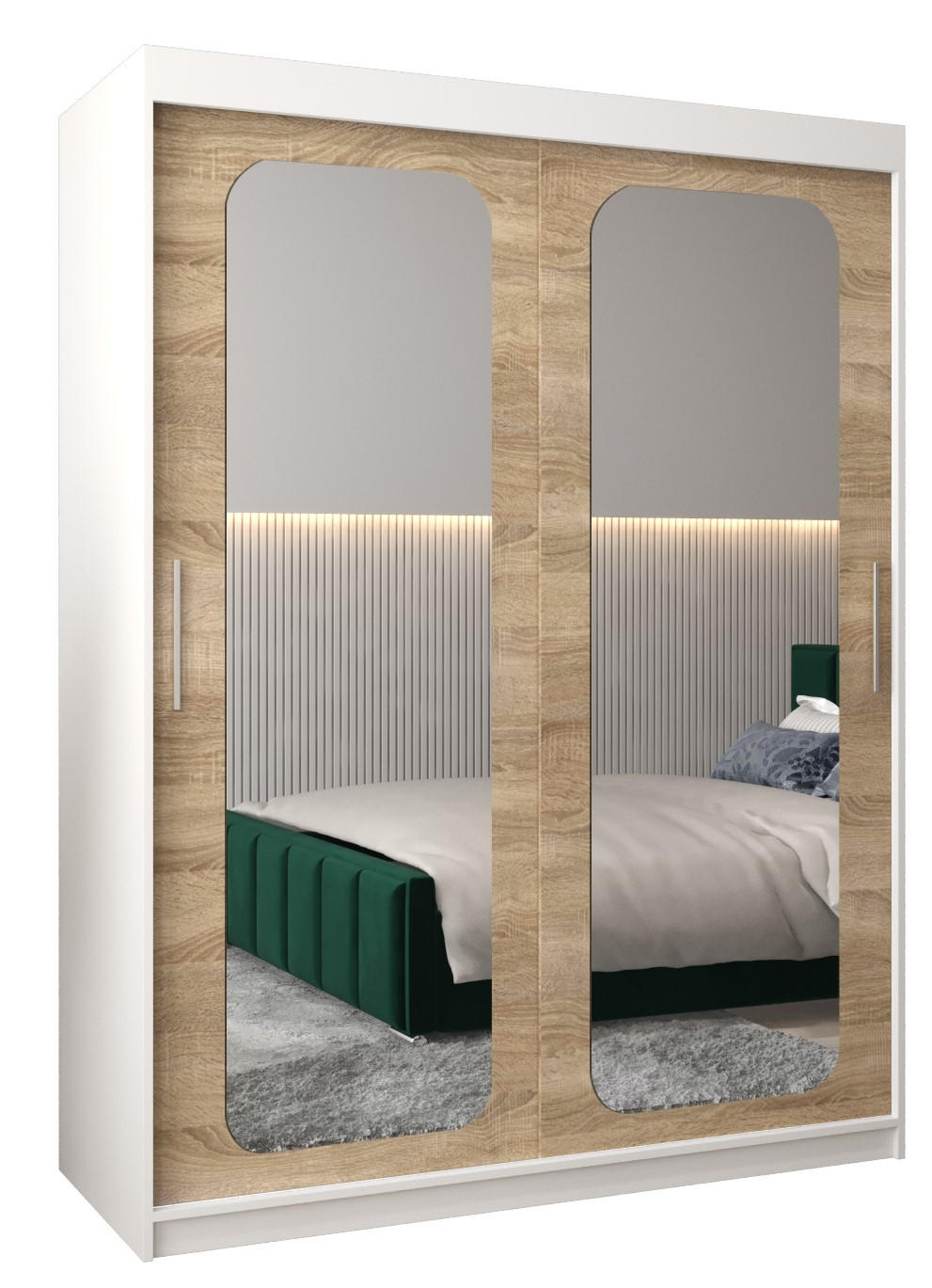 Abiks Möbel Schwebetürenschrank Weiß, Sonoma Eiche 150x200x62 cm