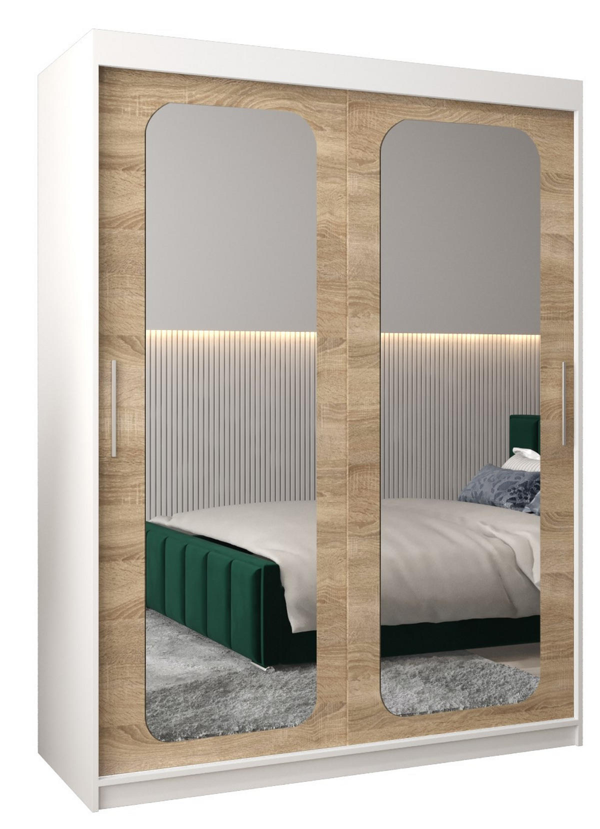 SCHWEBETÜRENSCHRANK 200/150/62 2-türig - Silberfarben/Weiß, Holz/Kunststoff (150/200/62cm) - Abiks Möbel