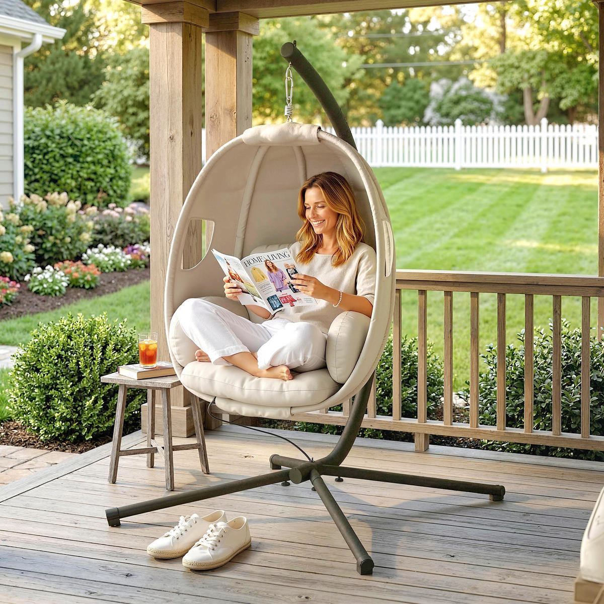 HÄNGESESSEL Verzinkter-Stahl Polyester Hellgrau - Hellgrau/Schwarz, Textil/Metall (95/180/117cm) - Outsunny