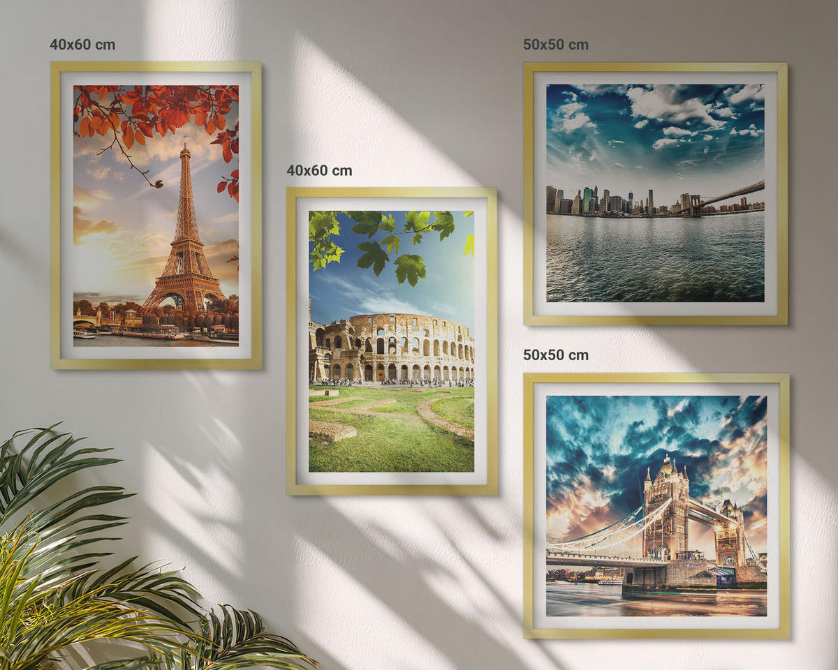 BILDER SET 4er Set - 50x50 cm & 40x60 cm Goldrahmen - Denkmäler Europas in warmen Farben - Goldfarben, Kunststoff (50/50cm) - TULUP