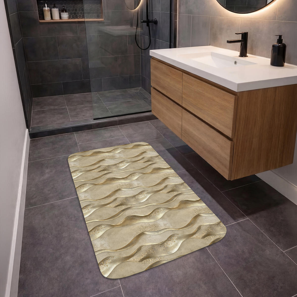 KOUPELNOVÁ PŘEDLOŽKA Vlny - vzor - zlaté 60x90 cm - barva mosazi, textil/plast (60/90cm)