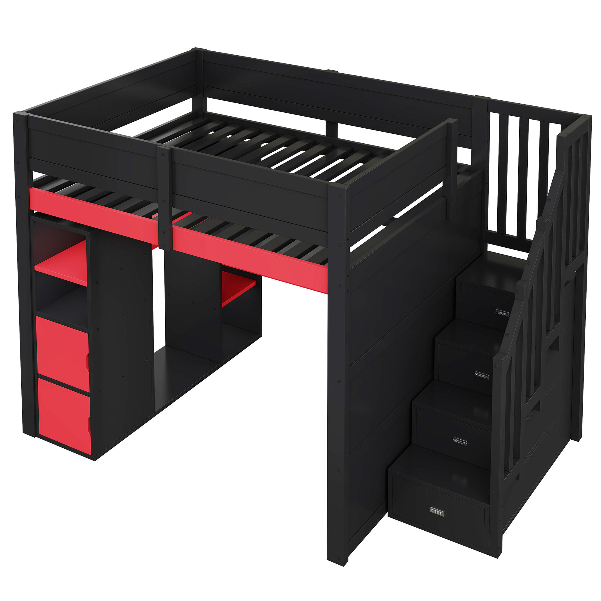 HOCHBETT 140/200 cm DE-03376, mit Schreibtisch, LED-Beleuchtung und Stauraumtreppe, in Schwarz - Schwarz, Holzwerkstoff (140/200cm) - ComfortXL