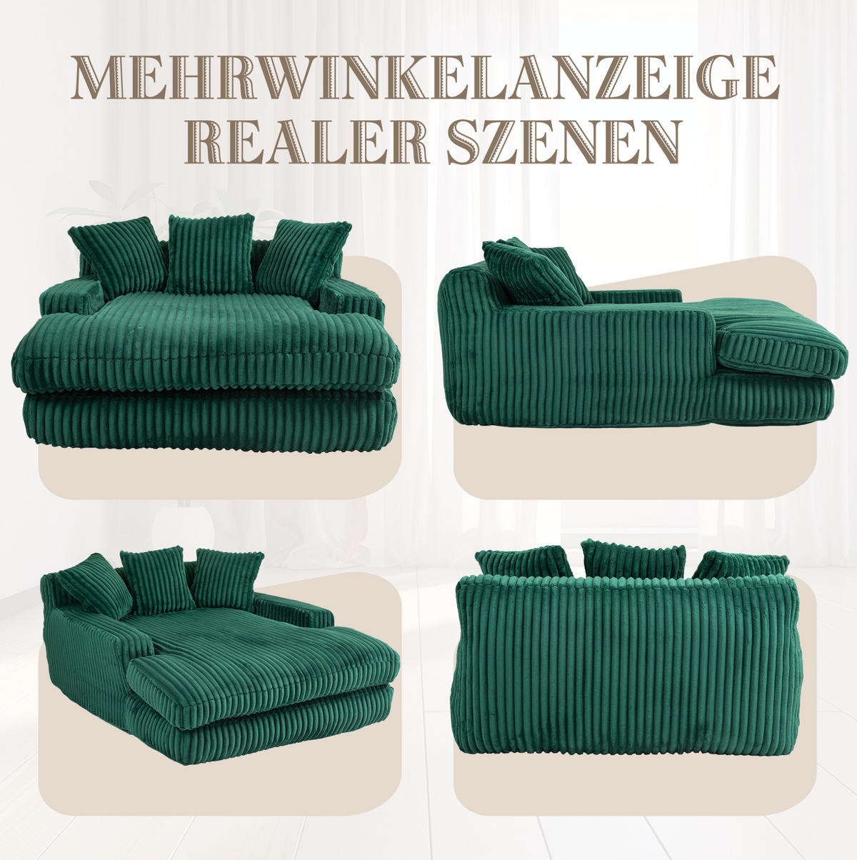 BIGSOFA Chaiselongue Cord mit 3 Kissen bodennah und ergonomisch 125/155/63 cm Smaragdgrün - Smaragdgrün, Textil (63/125/155cm) - Redom