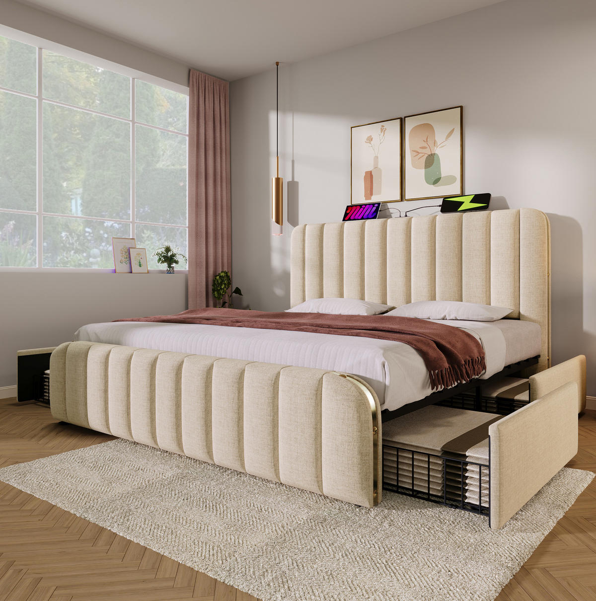 POLSTERBETT 180/200 cm Beige aus Leinen mit 4 Schubladen und USB- und Type-C-Anschlüssen - Beige, Textil (180/200cm) - Flora Grace