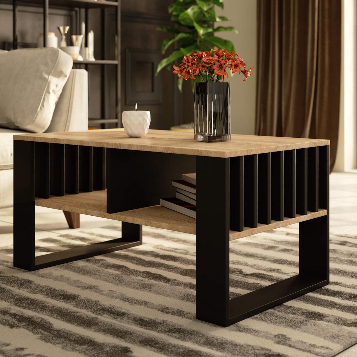 COUCHTISCH ROCKFORD Sonoma Eiche, Schwarz 92x53x45 cm - Schwarz/Sonoma Eiche, Holzwerkstoff (53/92/45cm) - Akord