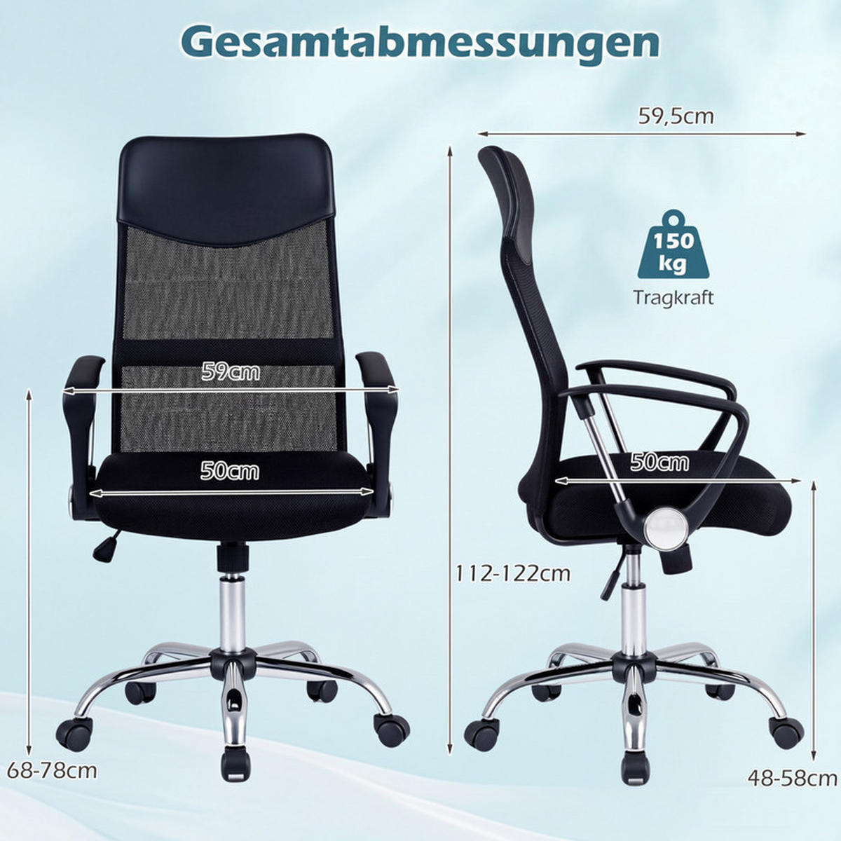 BÜROSTUHL höhenverstellbar mit Wippfunktion schwarz - Schwarz, Metall (59/112/59.5cm) - COSTWAY