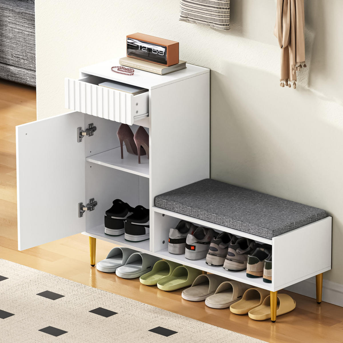 SCHUHSCHRANK Modern mit Sitzbank Weiß 100x35x82.2cm - Weiß, Holzwerkstoff (35/82.2/100cm) - FLIEKS