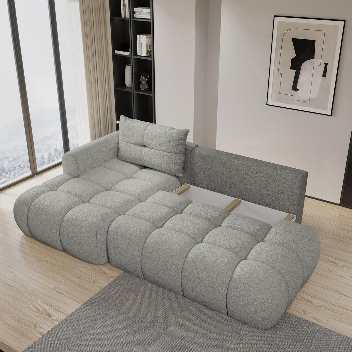 ECKSOFA FLUMA L-S Hellgrau Boucle-Stoff mit Schlaffunktion - Hellgrau, Holz (274/165cm) - MASSENO