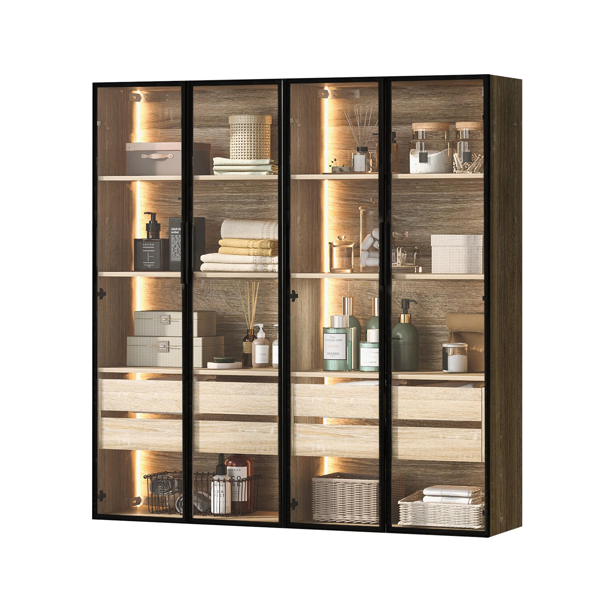 STILVORA KOUPELNOVÁ SKŘÍŇKA SET přírodní s LED lištou a zásuvkami do koupelny, 148×36×155 cm