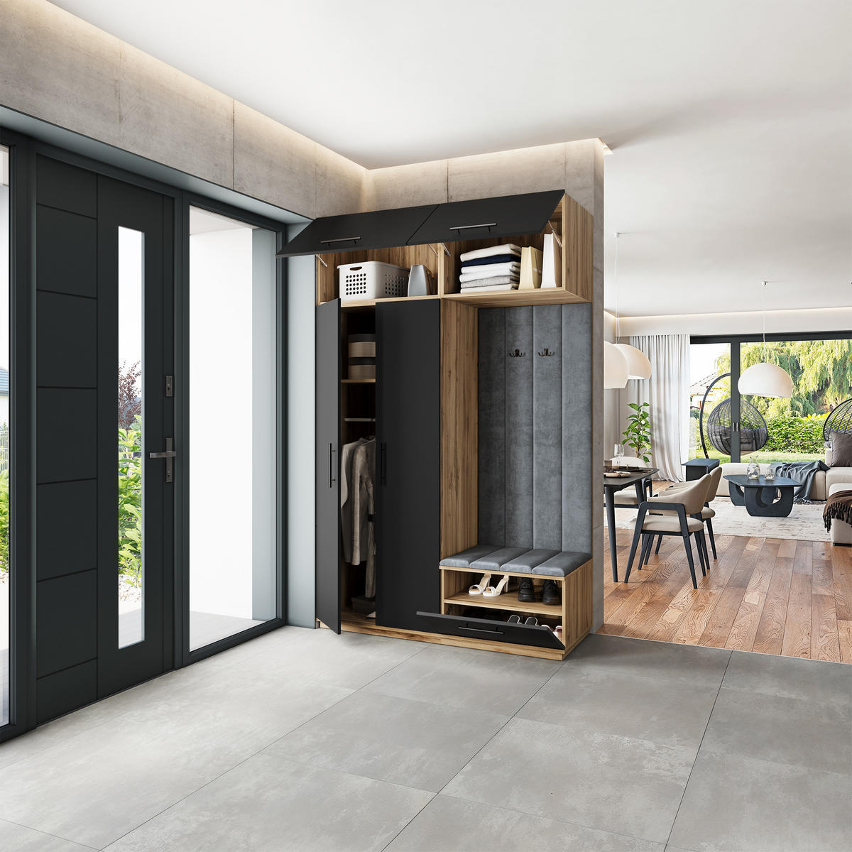 GARDEROBENSCHRANK REMA 150/240/60 cm Modern Garderobe-Set Eiche Wotan - Eiche Wotan/Schwarz, Holzwerkstoff (150/240/60cm) - MASSENO