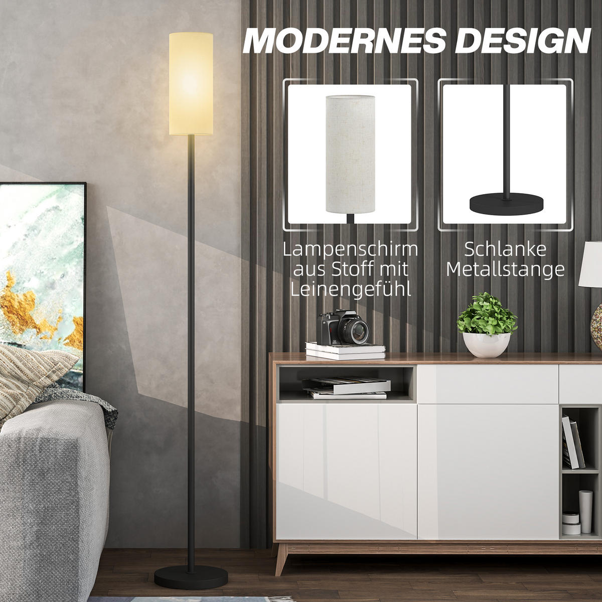 STEHLAMPE, Stehleuchte mit Lampenschirm aus Stoff, E27 Fassung Weiß - Schwarz, Metall (22/22/163cm) - HOMCOM