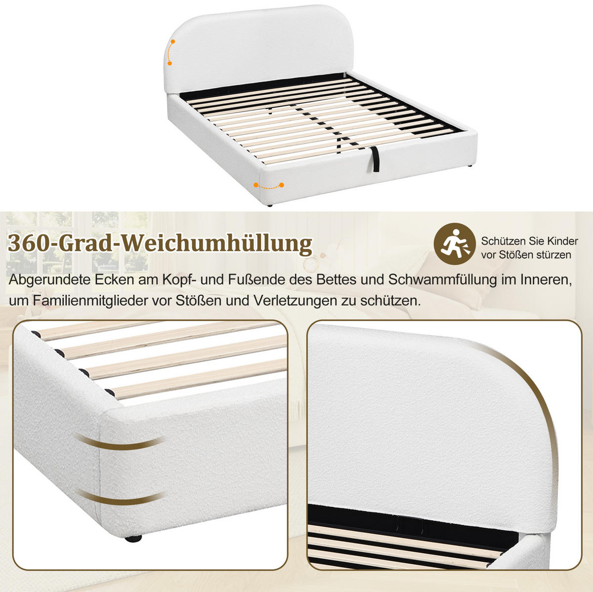 POLSTERBETT 180/200 cm mit hydraulischem Stauraum, Lattenrost und Matratze, Bouclé, Beige - Beige, Textil (180/200cm) - Redom