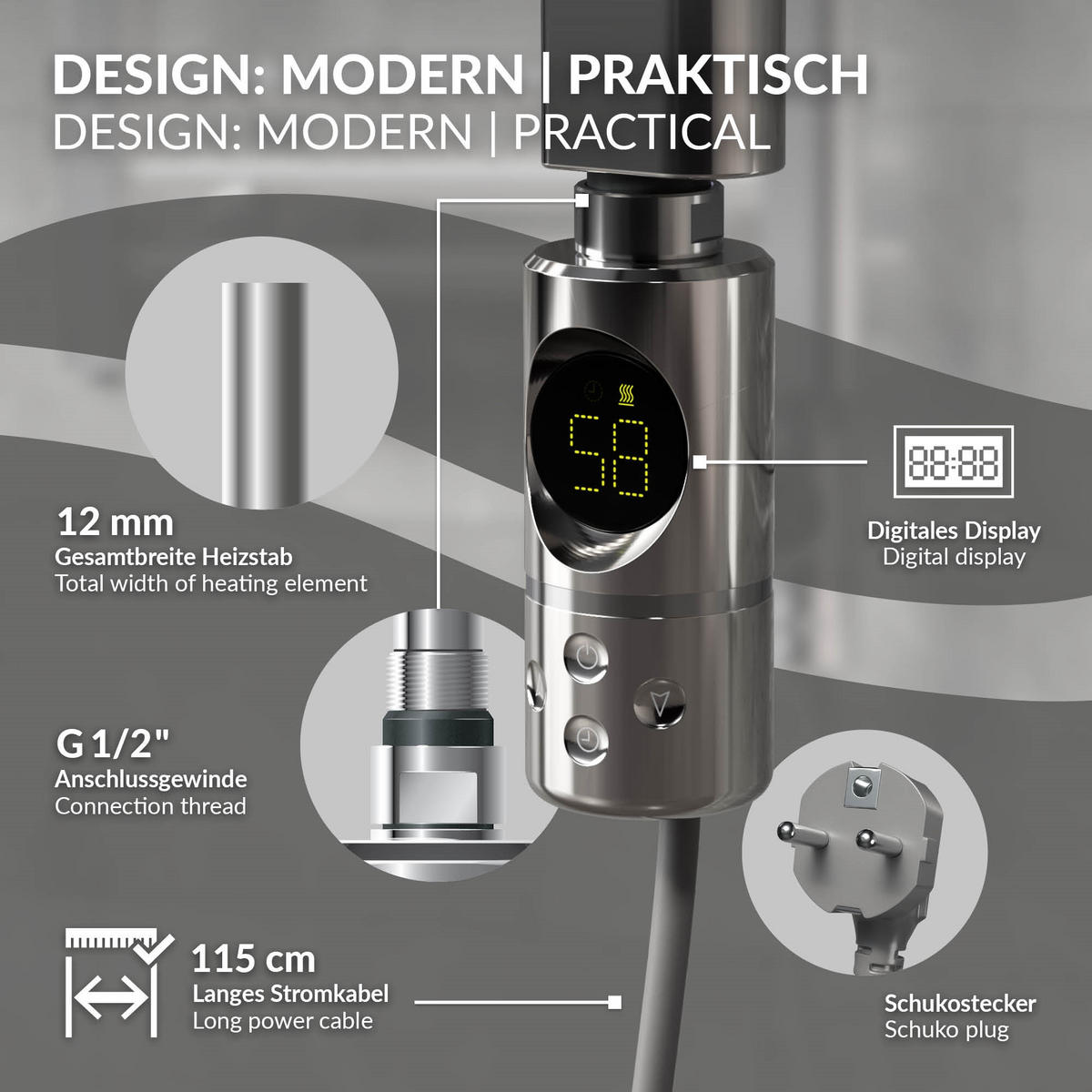 BADHEIZKÖRPER elektrisch Sahara 400x800 mm Chrome gebogen mit Heizstab 300W Digital - Chromfarben, Metall (40/80/3cm) - LuxeBath
