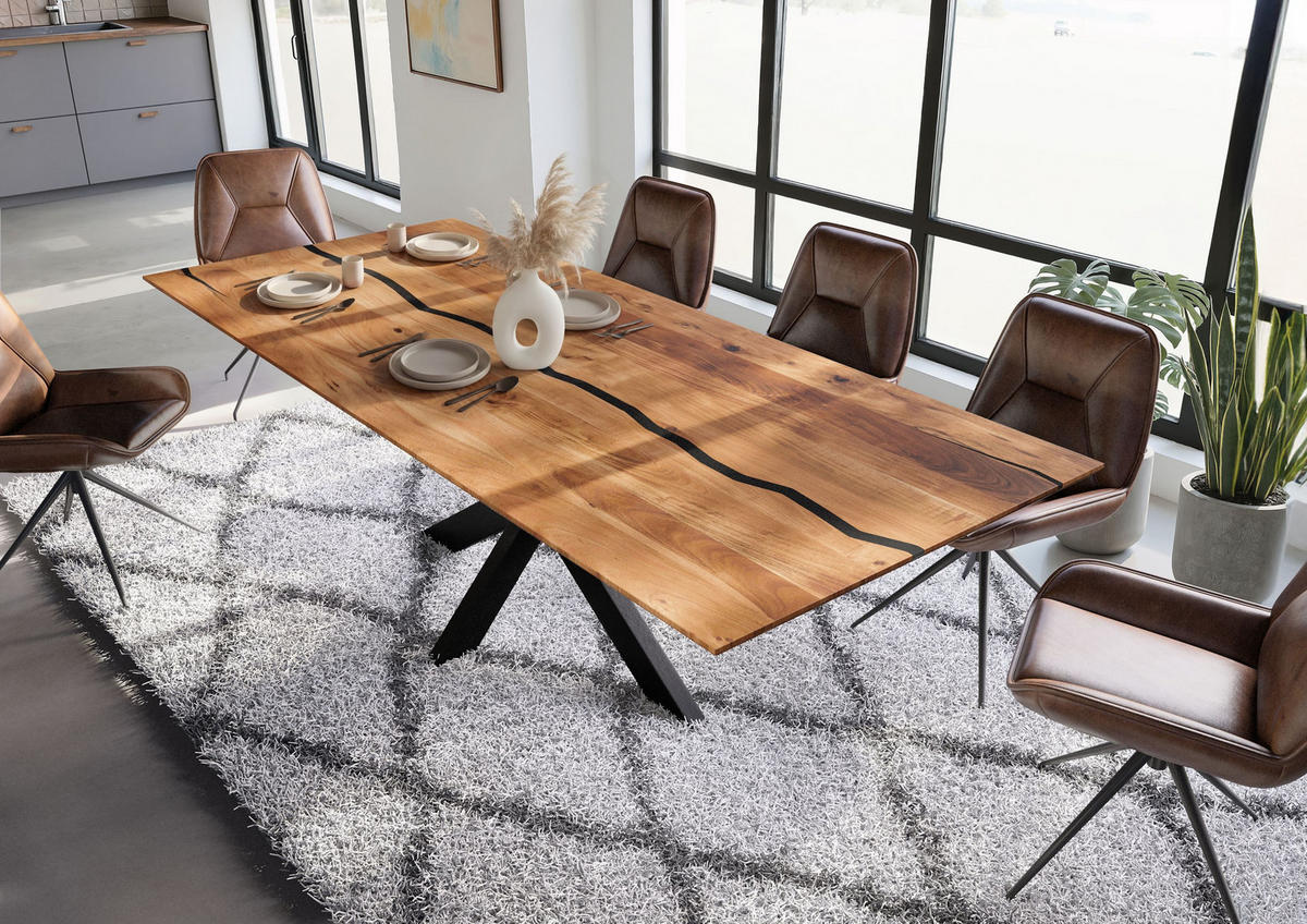 ESSTISCH Akazie 240x100x74 natur lackiert / Epoxid schwarz, Kreuzgestell anthrazit matt EPOXY - Braun, Holz (100/240/74cm) - Massivmoebel24