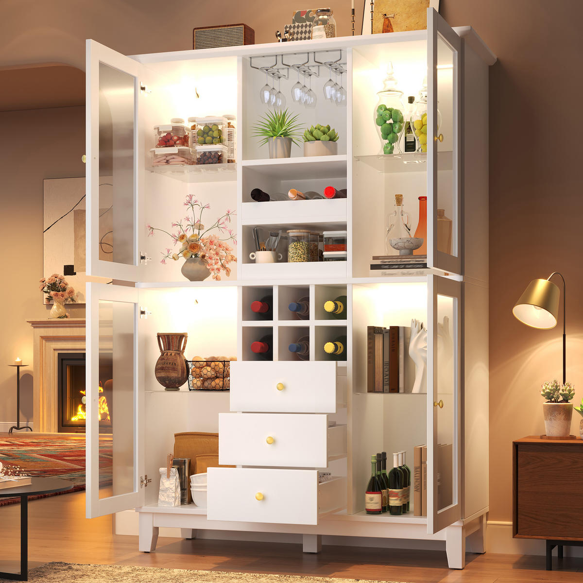 BUFFET Multifunktionaler Weinschrank mit Glasböden, LED & Kippsicherung Weiß Groß Holzwerkstoff - Weiß, Glas/Holzwerkstoff (120/180.5/40cm) - EVRYAE
