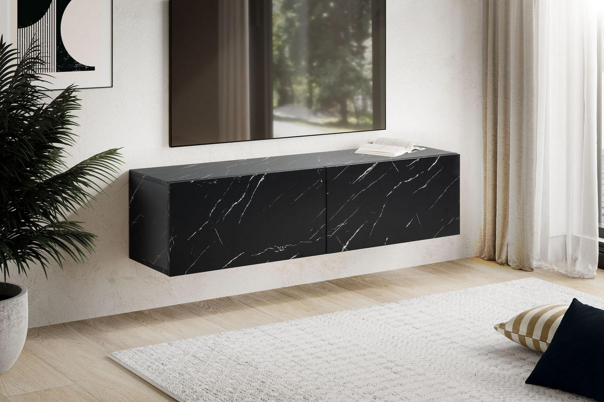 TV-LOWBOARD hängend, Marmor-Optik, Klapptüren, modern, Schwarz 120x30x30 cm - Schwarz, Metall (120/30/30cm) - KADIMA DESIGN