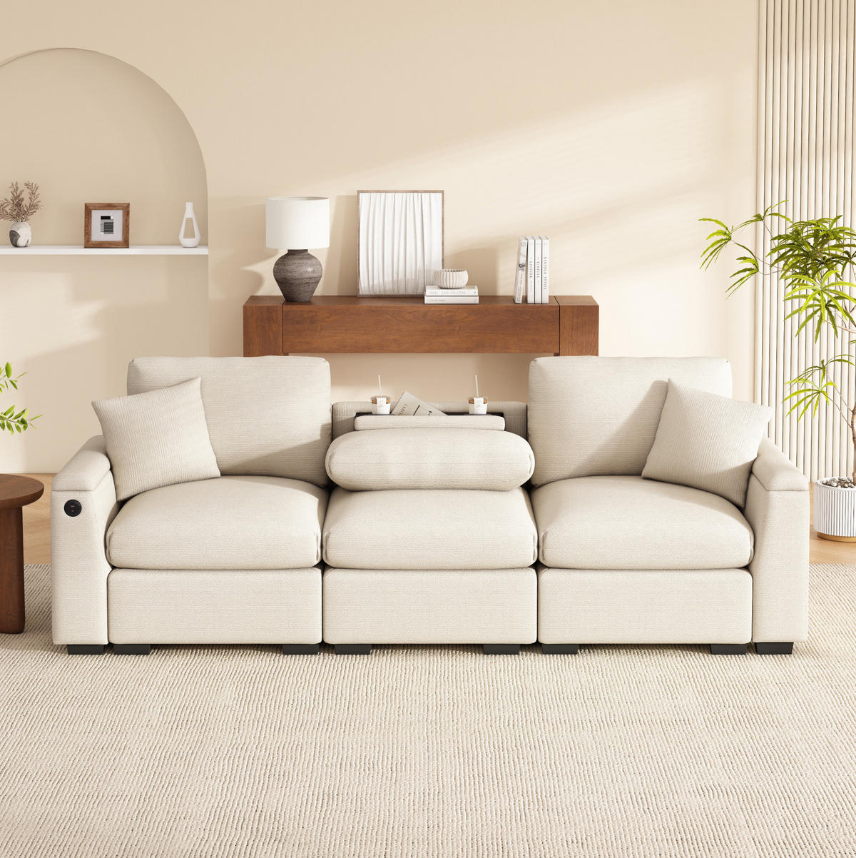 SOFA 3-Sitzer mit Klapptisch USB und Stauraum Chenille Beige - Beige, Kunststoff (242/88/80cm) - Meubliv