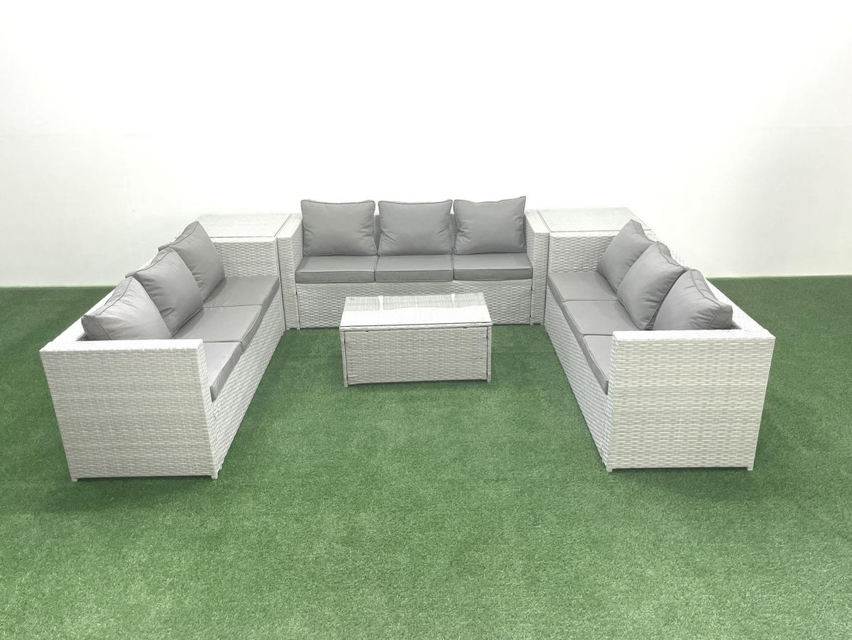 GARTENSET mit 3-SITZER SOFA,COUCHTISCH Polyrattan Hellgrau-Mix 9-Sitzer - Hellgrau/Grau, Glas/Kunststoff - Fimous