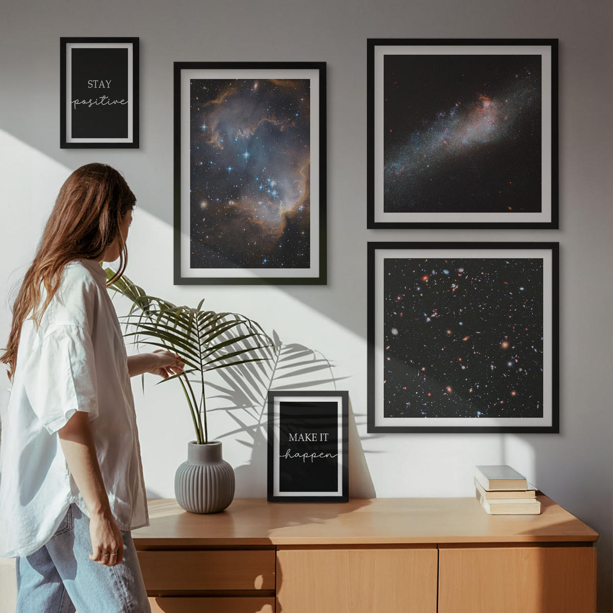 WANDBILDER 5er-Set - 50x50 cm & 20x30 cm & 40x60 cm Schwarzer Rahmen - Motivationsslogans Sterne Weltraum - Schwarz, Kunststoff (40/60cm) - ArtPrintCave