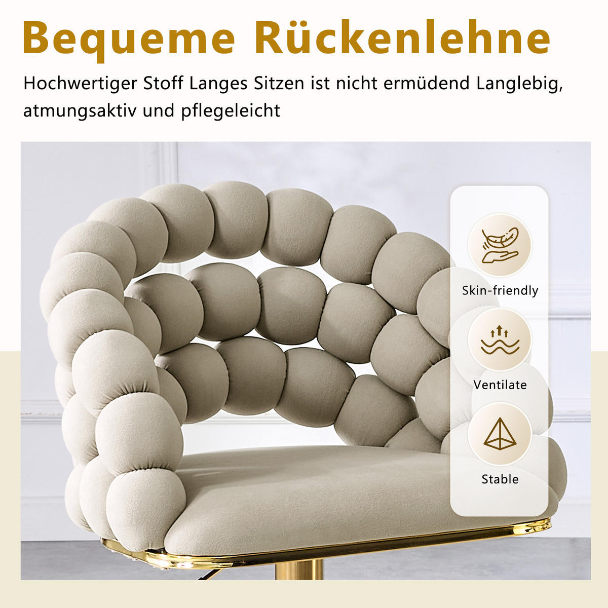 BARHOCKER 2er-Set aus Samt mit Gold-Gestell, Kugelketten-Rückenlehne und höhenverstellbar - Grau, Textil (45/112/52cm) - Urban Meuble