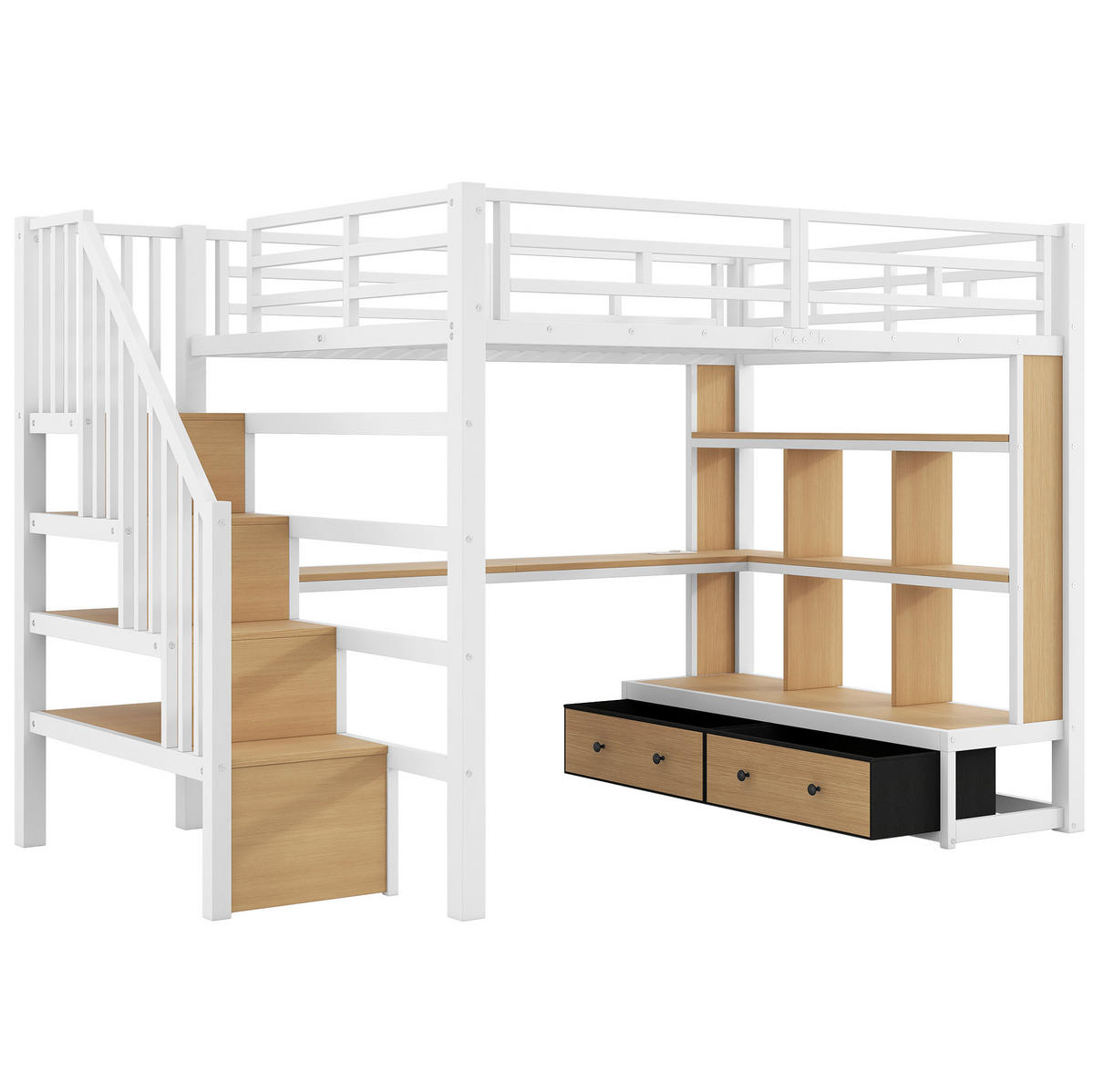 HOCHBETT 140x200 cm in Weiß mit Schreibtisch, Regalen, LED-Beleuchtung und Stauraumtreppe - Weiß, Holzwerkstoff (140/200cm) - IVMEU