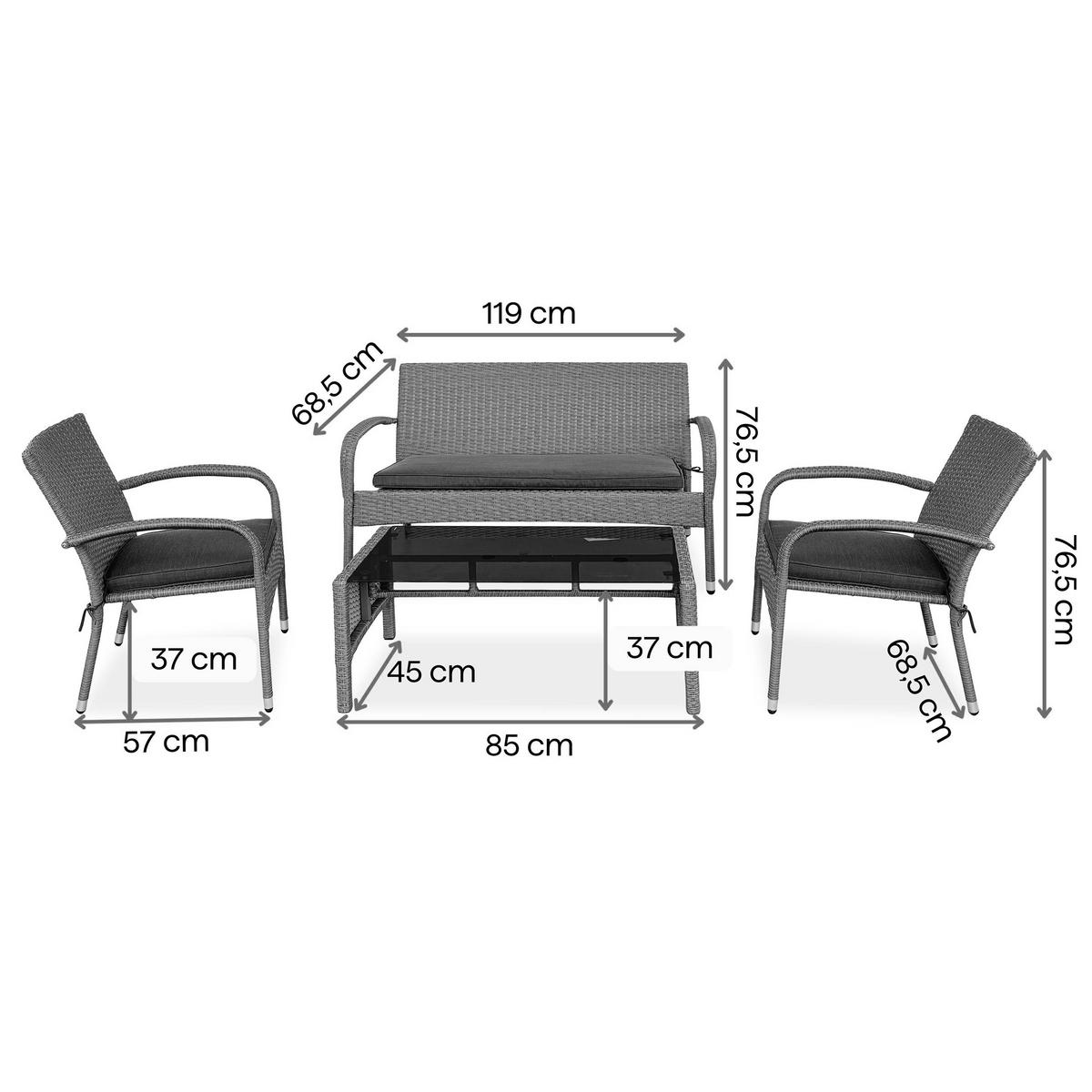 GARTENSET Montero Sofa, 2 Sessel und Tisch mit gehärtetem Glas, Metall+Technorattan - Dunkelgrau/Grau, Metall - Beautysofa