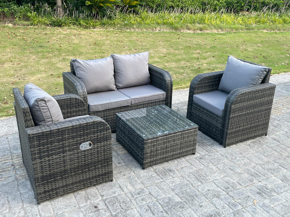 GARTENMÖBEL SET MIT LIEGESTUHL Polyrattan 4-Sitzer - Dunkelgrau/Grau, Glas/Kunststoff - Fimous