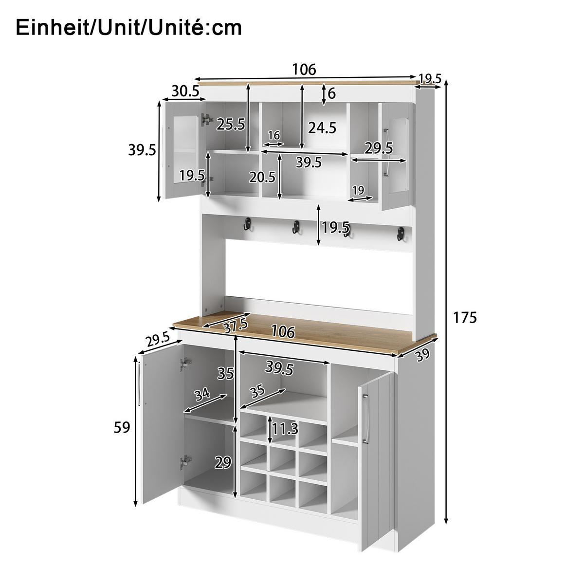 KÜCHENBUFFET aus Spanplatte 106x39x175 cm Weiß und Naturholzfarbe mit Glastüren, Weinregal und Hakenleiste - Weiß, Holzwerkstoff (106/175/39cm) - IVMEU