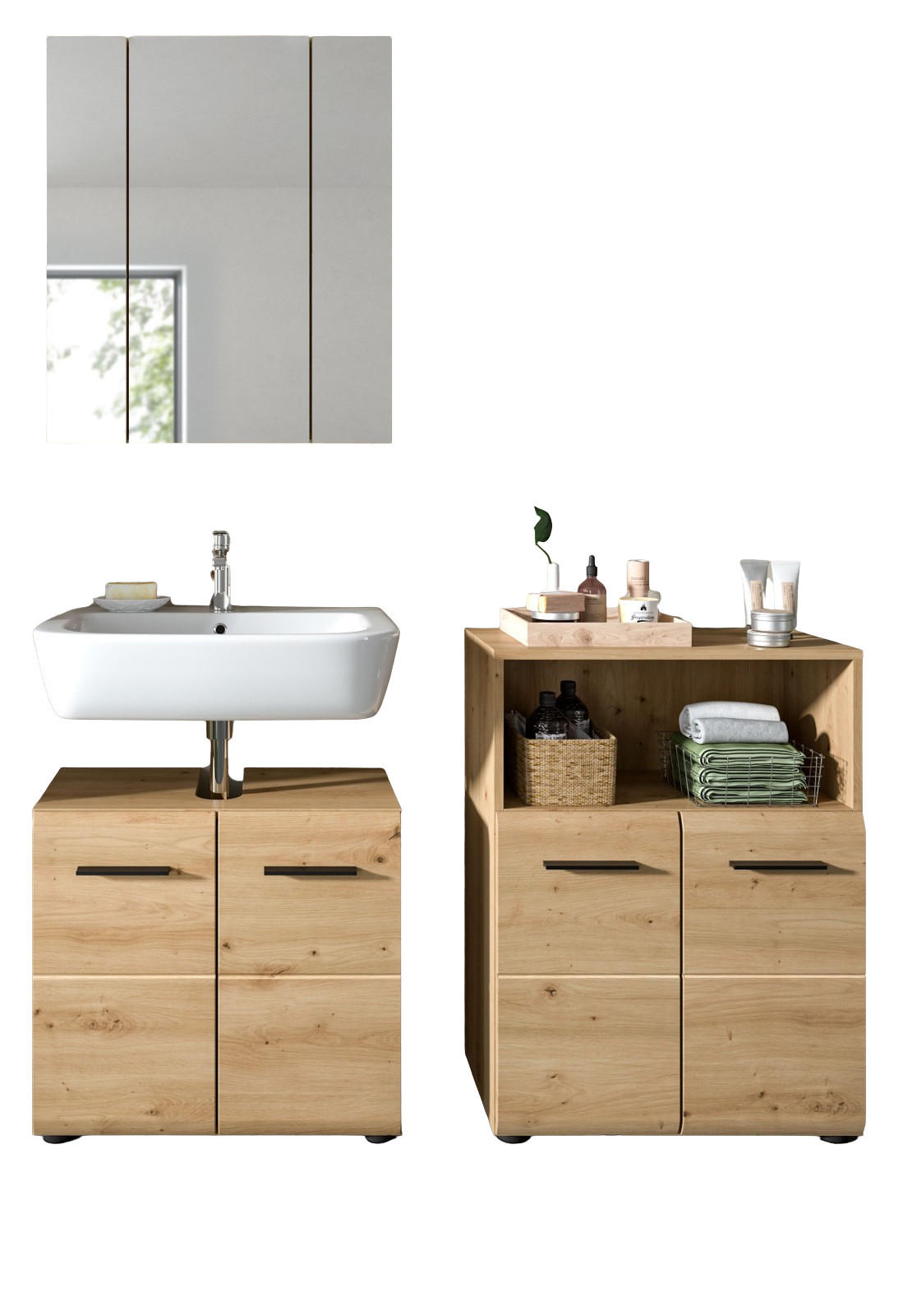 BADMÖBEL-SET 3-teilig Artisan Eiche, Badkombination 135 cm, viel Stauraum, Cover - Schwarz/Eiche Artisan, Glas/Holzwerkstoff (135/185/185cm) - Inn.Furn