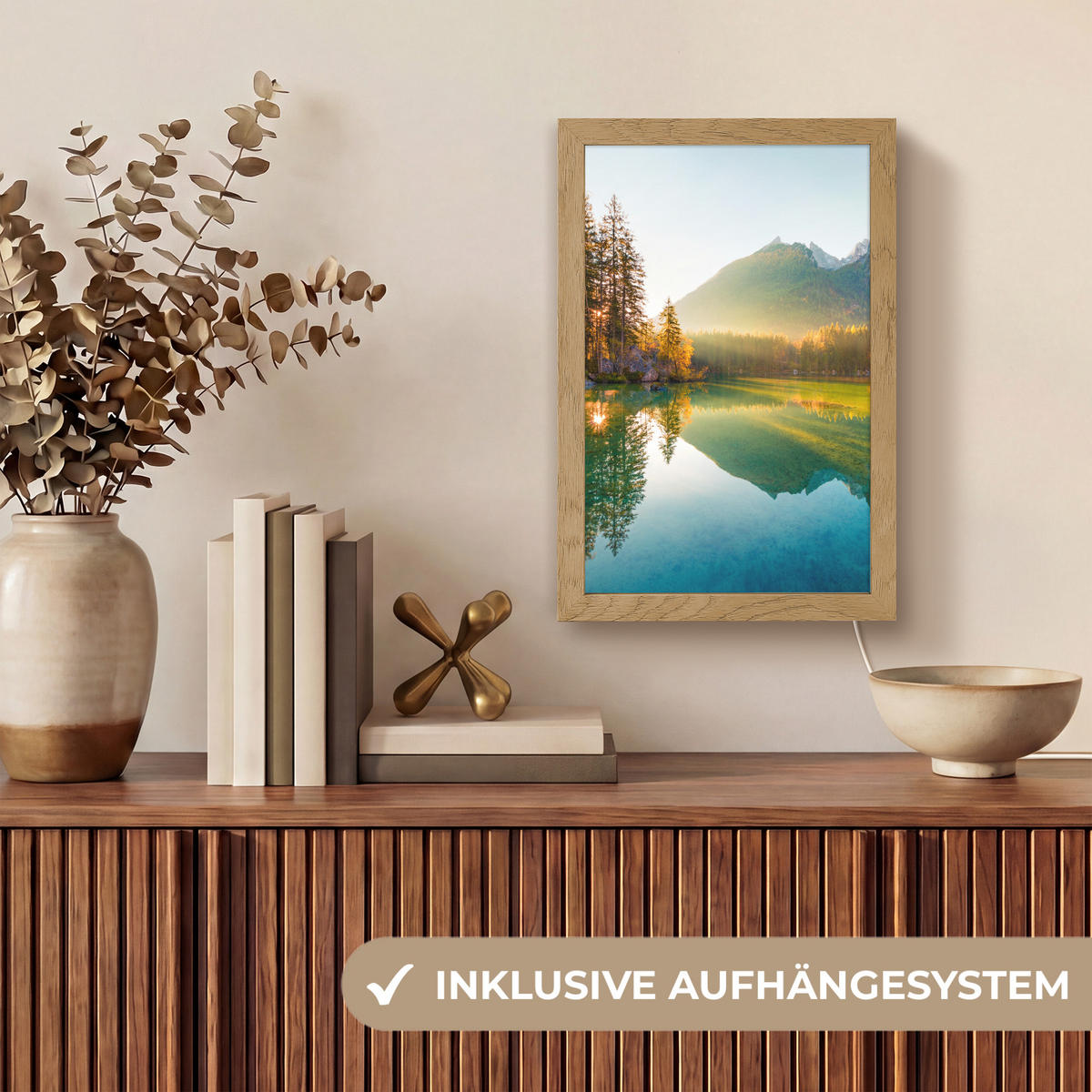 WANDLEUCHTE See - Wald - Berge - Natur - Sonne - Landschaft 20x30 cm - Grün, Holzwerkstoff (20/30/8cm) - OnlyWow