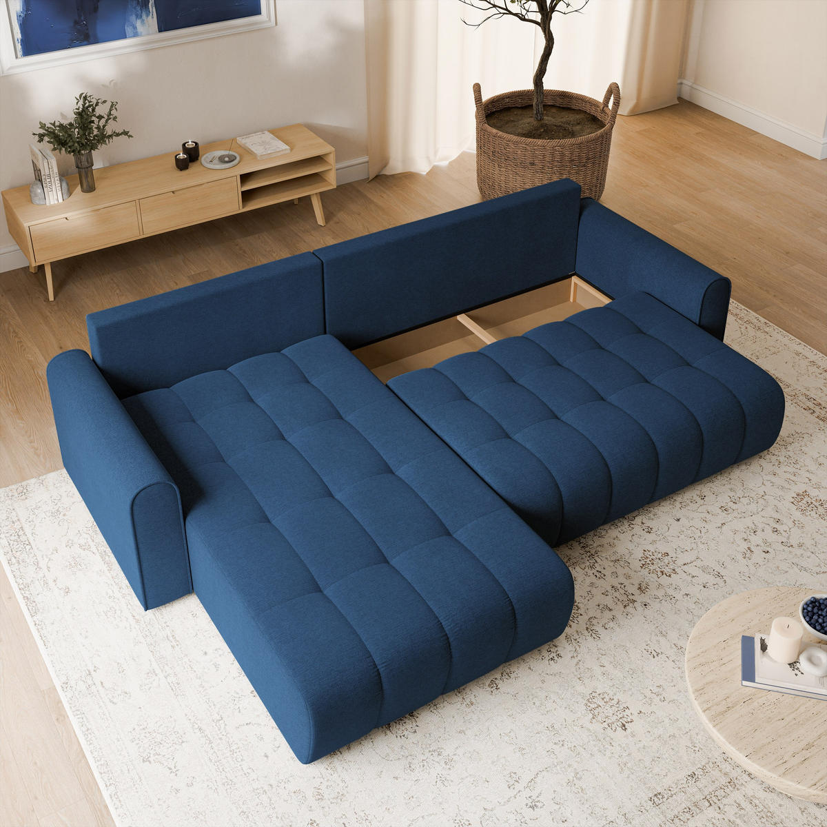ECKSOFA FRIGA Blau Strukturstoff mit Schlaffunktion - Blau, Holz (283/185cm) - MASSENO
