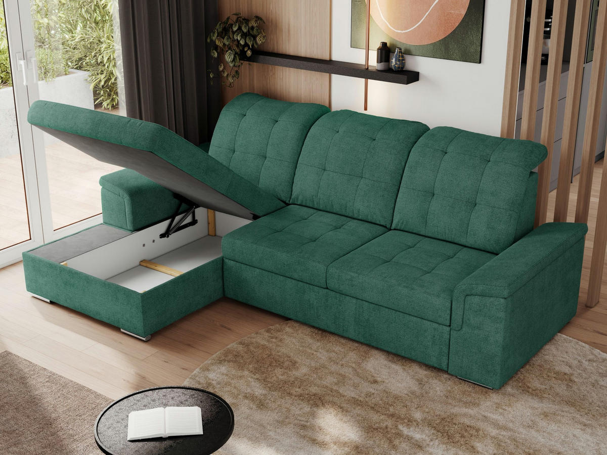 ECKSOFA MADRITO L - Grün Struktur - Links - Silberfarben/Grün, Textil/Metall (160/256cm)