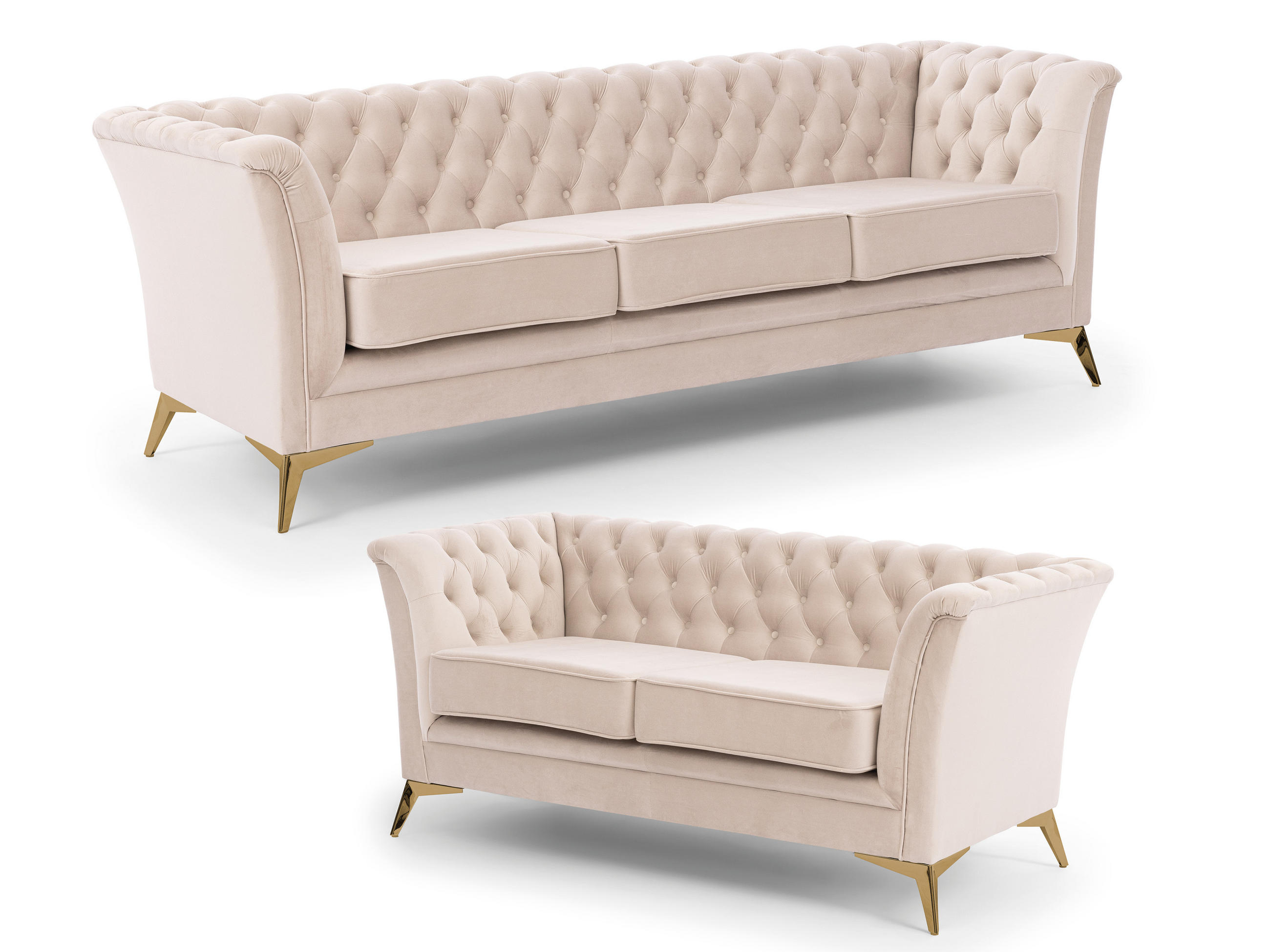 SITZGARNITUR 3+2 Chesterfield Whitby Beige Samt mit goldenen Füßen - Beige/Goldfarben, Holz/Textil (237/78/82cm) - S-Style Möbel