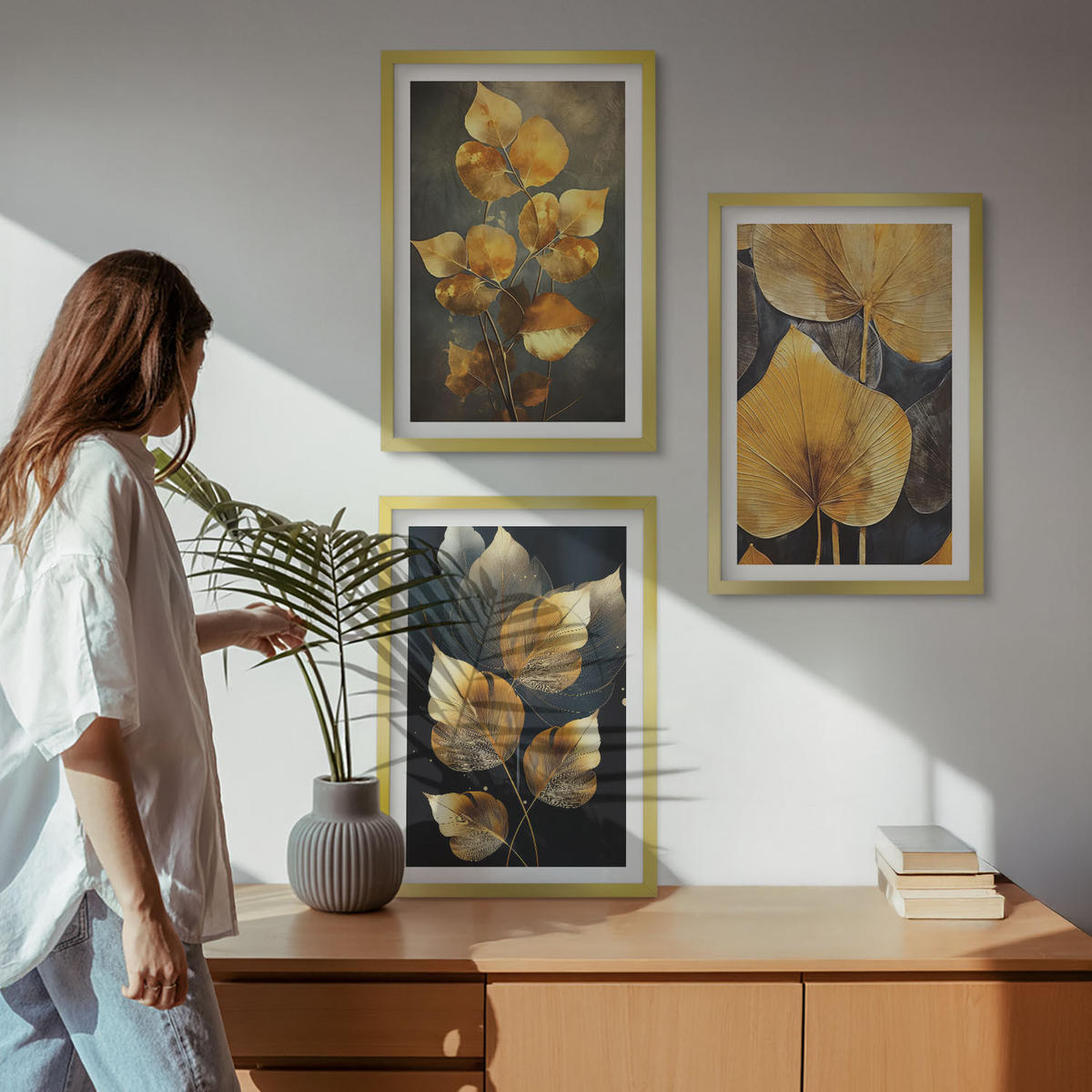 BILDER SET 3er Set - 40x60 cm Goldrahmen - Gelbe Blätter auf dunklem Hintergrund - Goldfarben, Kunststoff (40/60cm) - TULUP