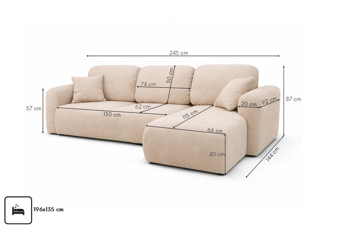 ECKSOFA Mit Schlaffunktion Und Bettkasten, Sofa L-Form Bingo L, Veloursstoff Salvador, Beige, Rechts - Beige, Holz (245/144cm) - Kaiser Möbel