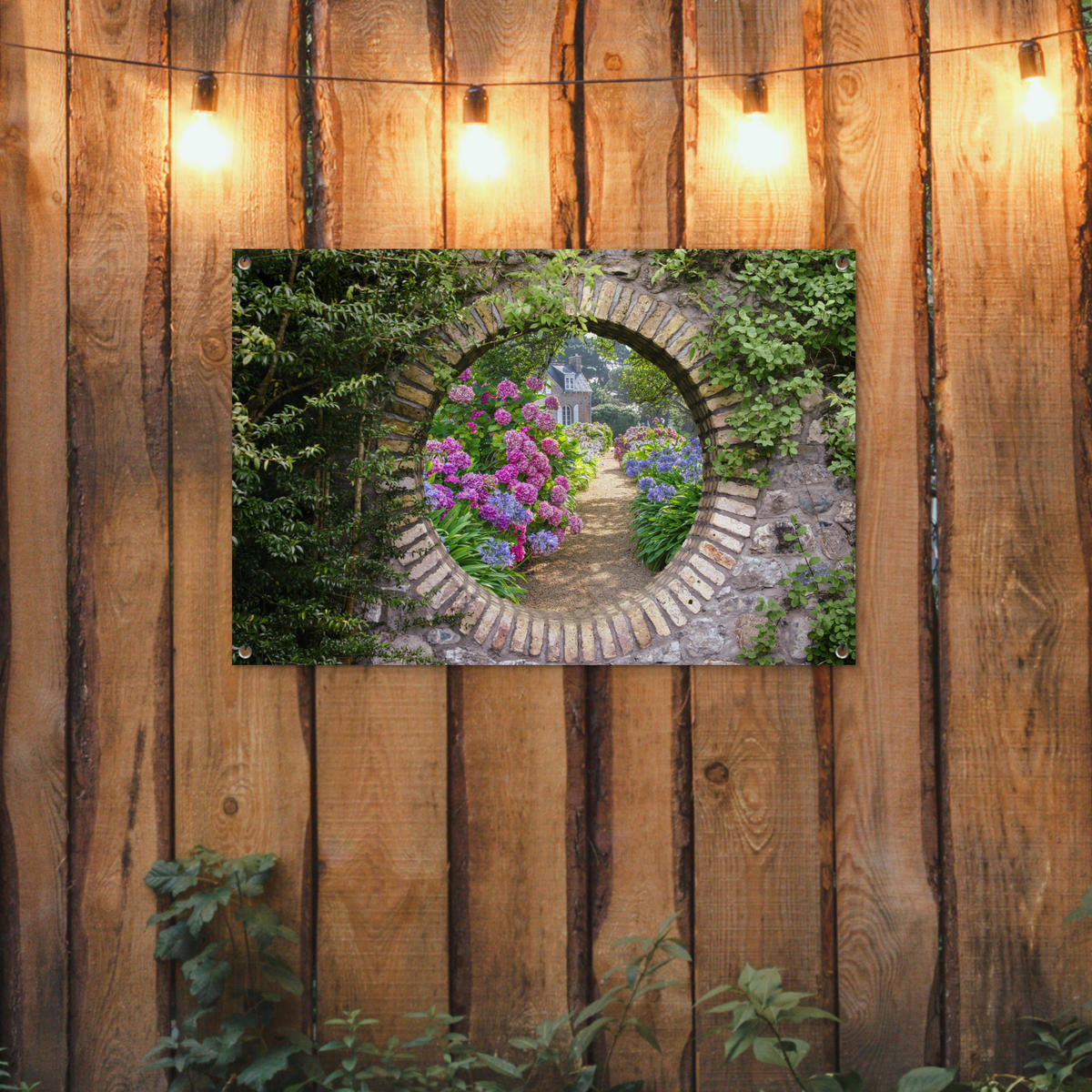 ZAHRADNÍ PLAKÁT Průhled - Květiny - Hortenzie - Léto 90x60 cm - šedohnědá, plast (90/60/0.2cm) - OnlyWow