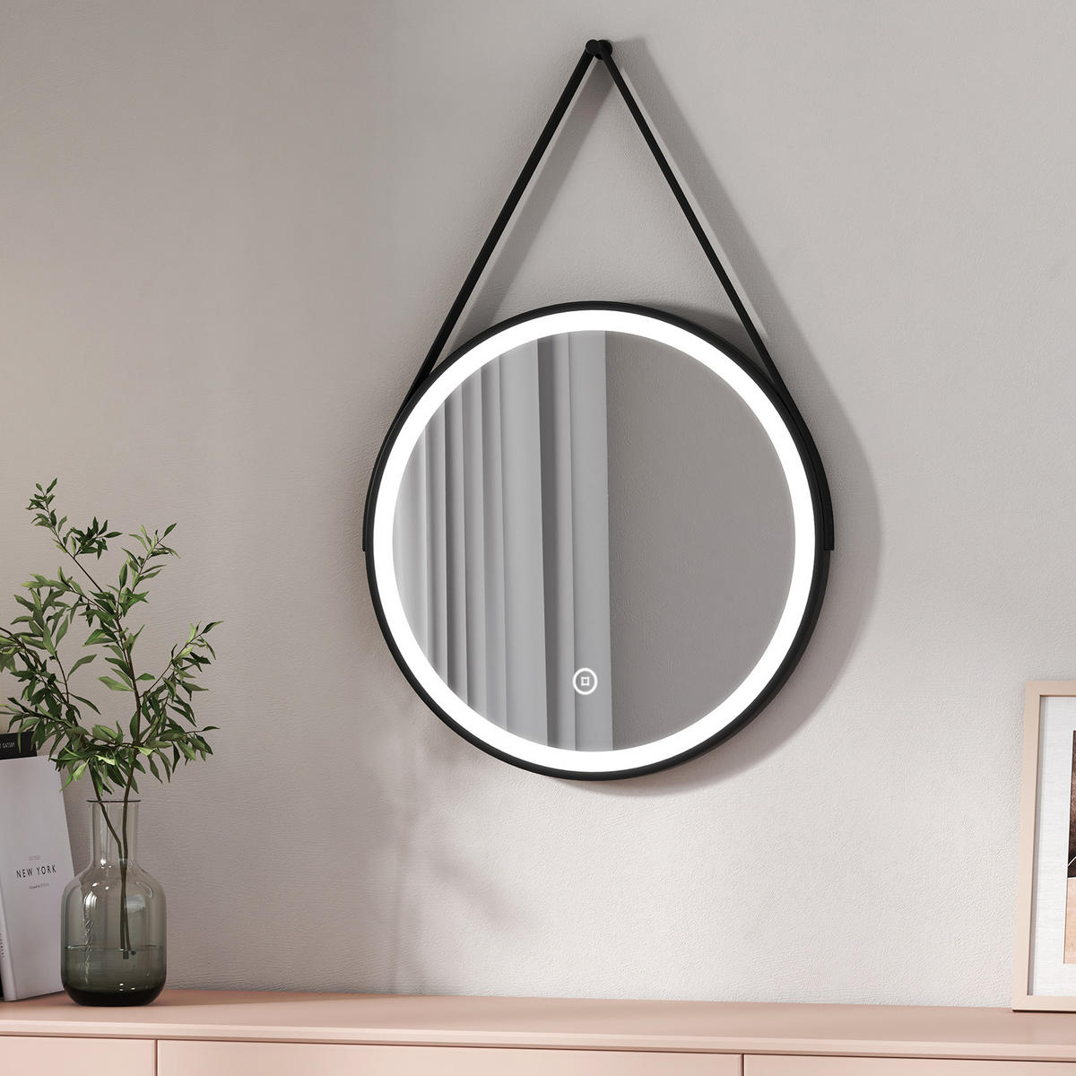 BADSPIEGEL Rund mit Beleuchtung mit Hängeriemen Schwarz ф50 cm - Schwarz, Glas (50/3/50cm) - EMKE
