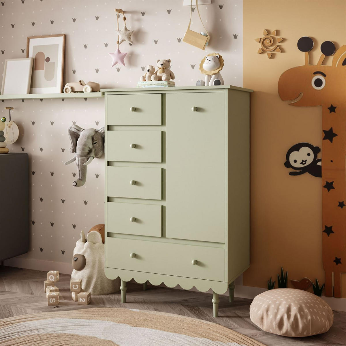 HOCHKOMMODE BABUSHKA mit Schubladen, Olivgrün - Olivgrün, Holzwerkstoff (84/140/50cm)